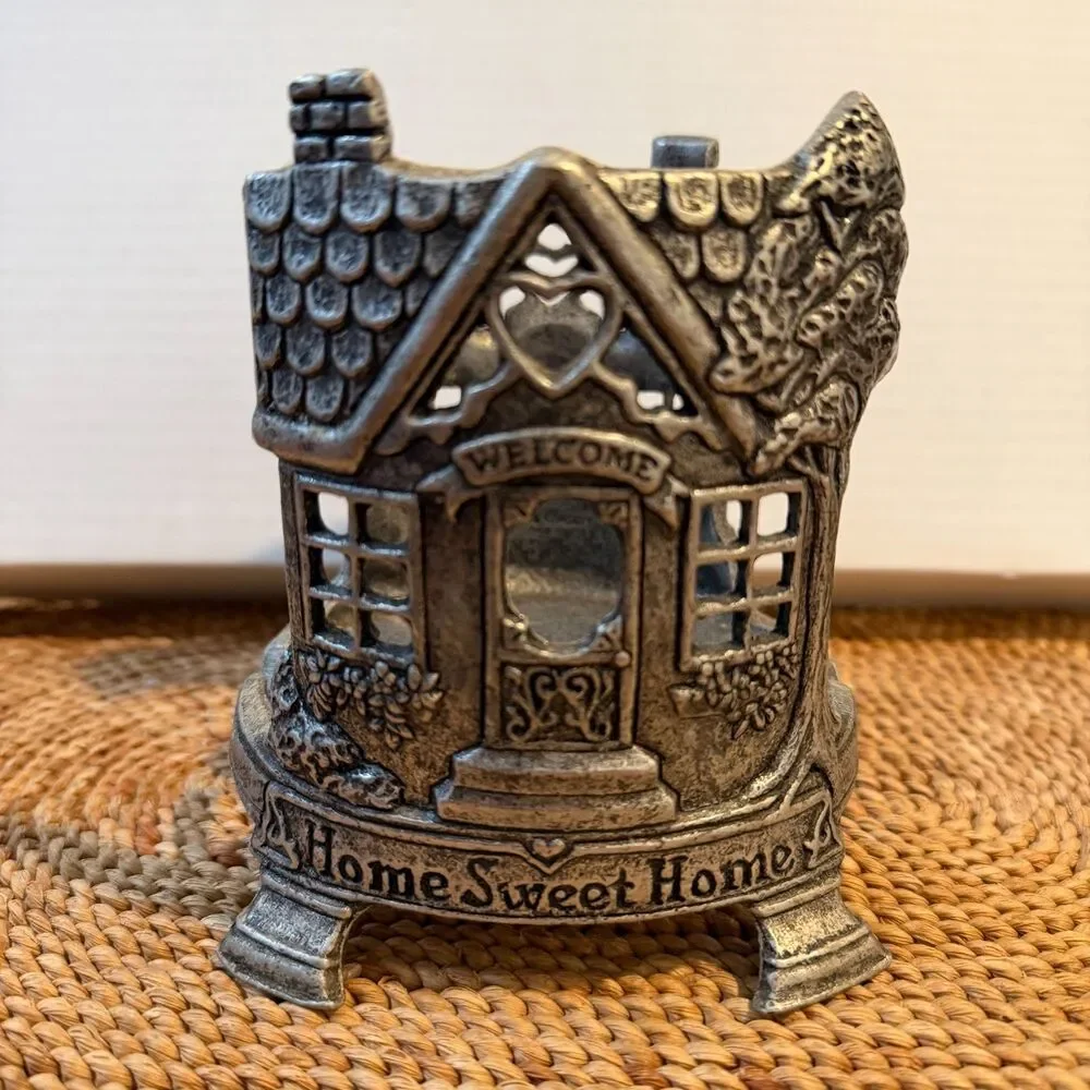 Vintage 1996 Carson Home Sweet Home Cottage Pewter Tone Candle Holder 5.5